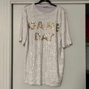 White sequin game day t-shirt dress